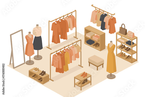 Isometric fashion boutique display with stylish clothing and accessories