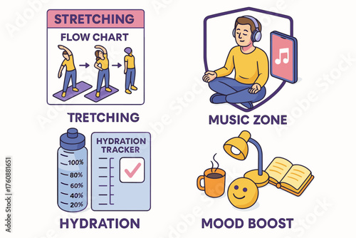 Stretching guide, music zone, hydration, and mood boost for wellbeing