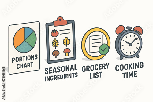 Meal planning icons: portions chart, seasonal ingredients, grocery list, cooking time
