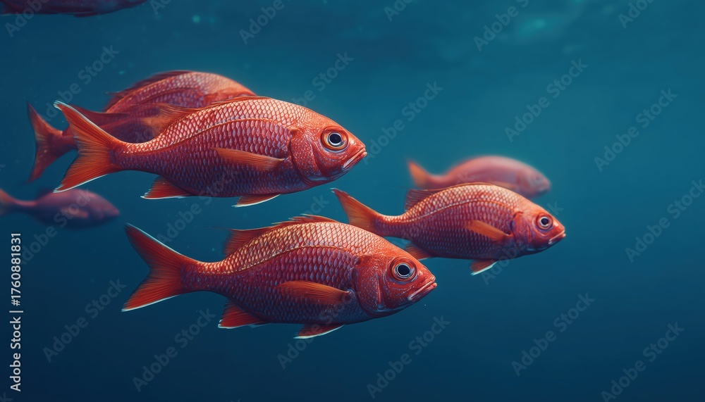 Fototapeta premium Exploring The Majestic Underwater World: School Of Red Fish In The Blue Ocean Waters Of The Maldives. Scuba Diving Adventure With Wildlife. Plenty Of Copy Space Available.