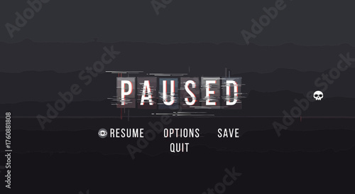 Paused Game Interface With Glitch Effect Dark Theme Design