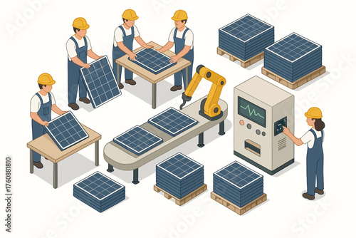 Isometric illustration of engineers assembling solar panels in a factory setting