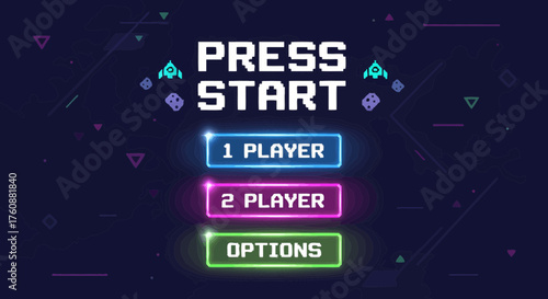 Retro Game Menu Interface With Neon Buttons And Pixel Art Style