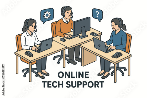 Online tech support team with asian adults collaborating with headsets