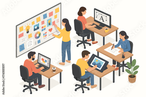 Team collaboration in office setting with caucasian and hispanic adults at workstations