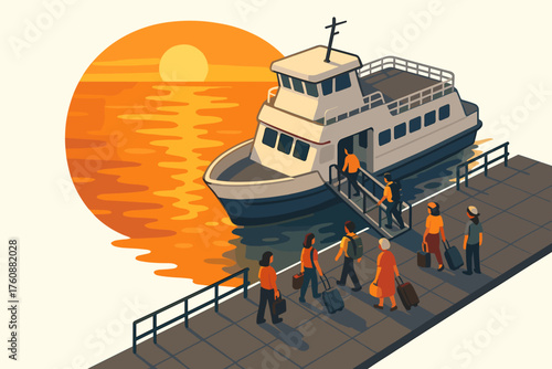 Diverse group boarding ferry at sunset with vibrant orange sky reflection