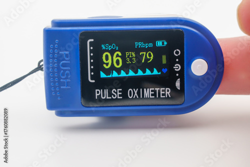 Medical pulse oximeter with an LCD. Assessment of blood oxygen saturation SpO2. COVID-19 Medical monitoring device pandemic. Heart and pulse rate, crucial in patient health monitoring, emergencies.
