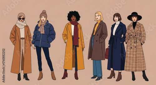 Illustration of diverse women showcasing various stylish winter coat outfits, fashion.