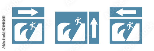 Blue WhiteTsunami Sign Set with waves and arrow