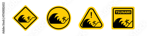 Yellow Tsunami Sign Set with waves