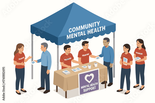 Community mental health support event with diverse volunteers and visitors