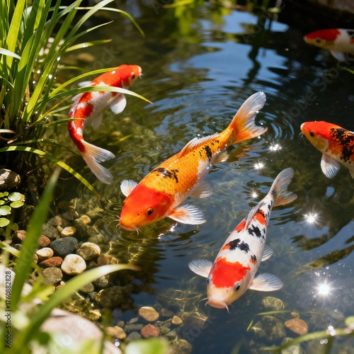 Colorful koi fish swimming in a clear garden pond with green plants and sunlight reflections
