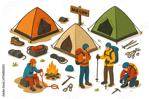 Outdoor adventure base camp with hikers and tents in scenic wilderness