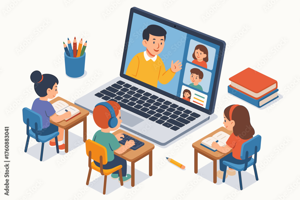 Obraz premium Children engaged in virtual classroom with teacher on laptop