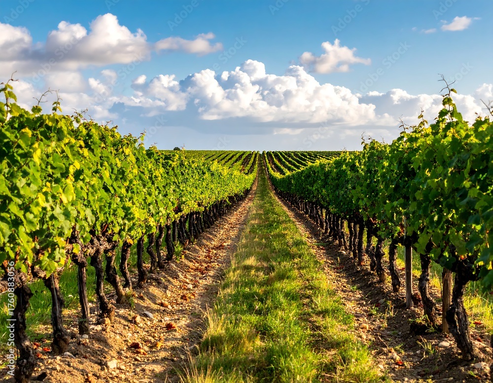 Obraz premium A vibrant, sunny vineyard with rows of green grapevines under a blue sky