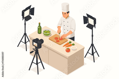 Asian male chef filming cooking video in studio with vegetables and camera setup