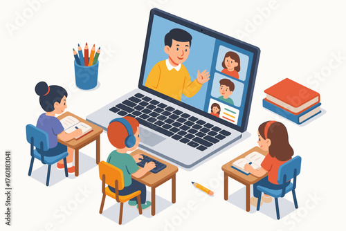 Children engaged in virtual classroom with teacher on laptop