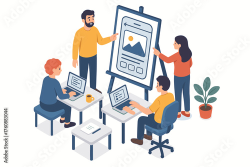 Team collaboration on mobile app design with caucasian and hispanic adults