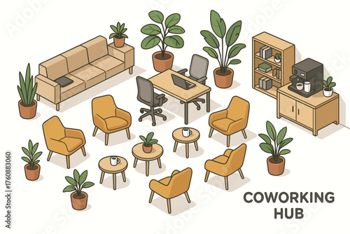 Modern coworking space design with stylish furniture and lush greenery