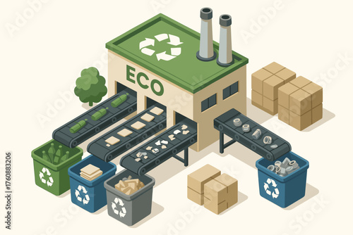 Sustainable recycling plant with conveyor belts and eco-friendly packaging