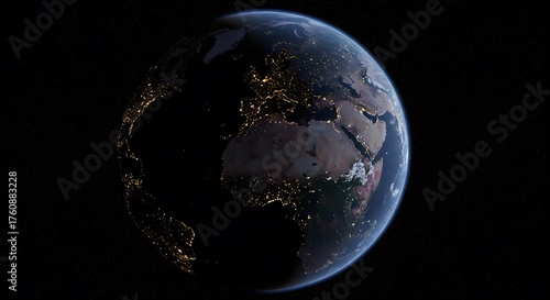 Earth at night from space showing glowing city lights on continents and oceans