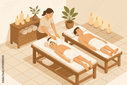 Relaxing spa experience with asian male adults receiving massage in peaceful candlelit setting