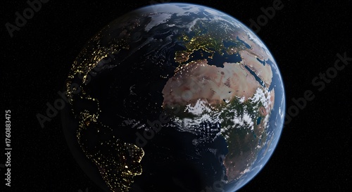 Earth From Space at Night Showing Illuminated Continents and Clouds in Darkness