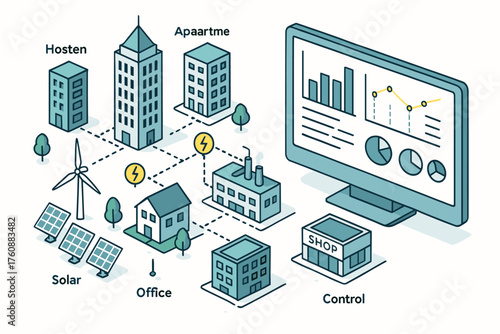 Smart city energy management system overview with renewable sources and control interface