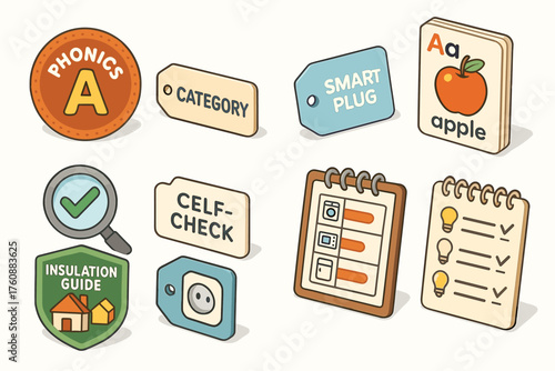 Educational icons for phonics, smart plug, insulation, and self-check lists