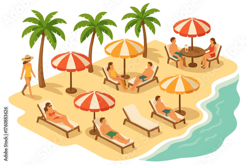 Tropical beach scene with diverse adults relaxing