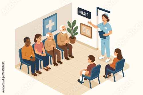Diverse group of adults and children waiting in clinic lobby with medical staff assistance