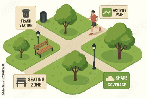 Young hispanic male jogging on park path with benches, trees, trash station, and shade coverage