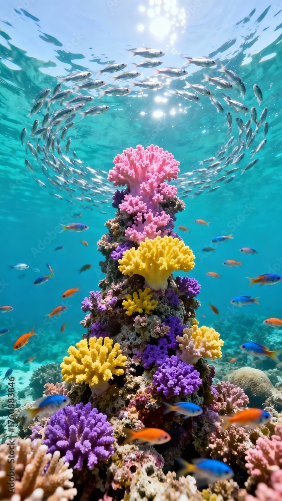 Fototapeta premium Underwater coral reef with colorful corals and schools of fish swimming in clear blue water