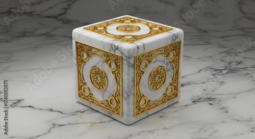 Elegant Marble Cube with Ornate Gold Inlay Decoration on a Marble Surface