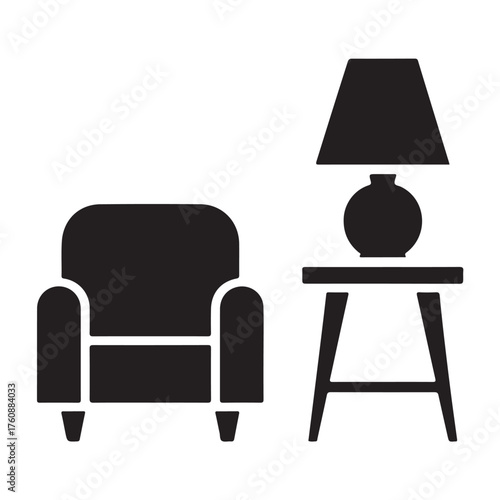 Armchair and side table with lamp icon, representing home furniture and interior design elements, isolated on white background