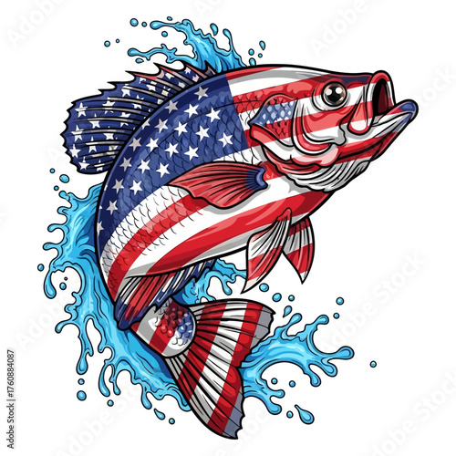 American flag crappie fish with water splash illustration graphic