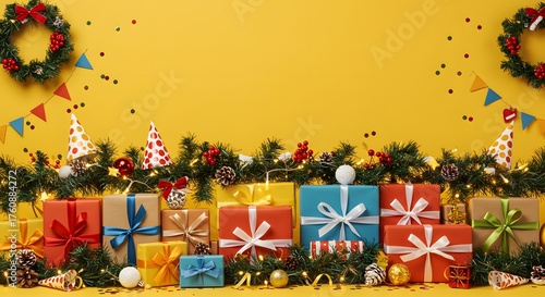 Festive Christmas Gifts and Decorations on a Vibrant Yellow Background