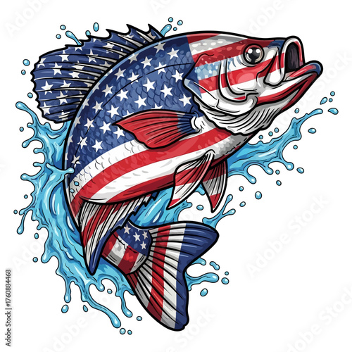 American flag crappie fish with water splash illustration graphic