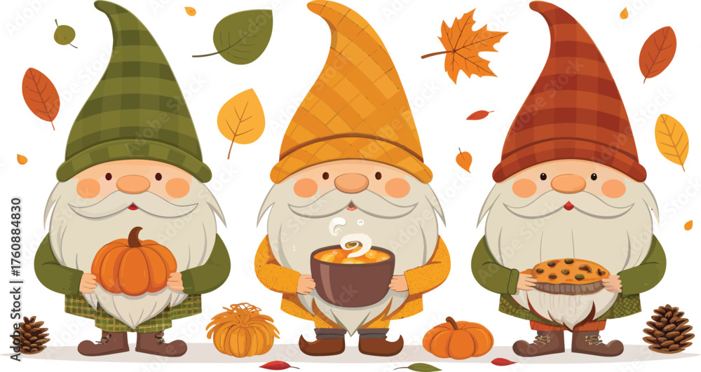 Fototapeta premium Cute autumn gnomes with festive fall elements isolated on transparent background