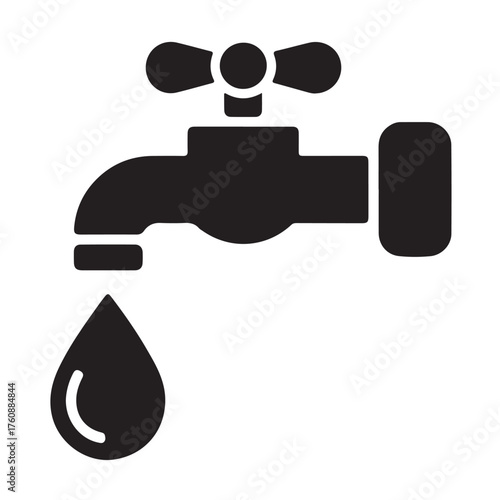 Black silhouette of a water faucet with a dripping water drop, isolated on white background