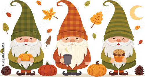 Adorable autumn gnomes with festive fall elements isolated on transparent background