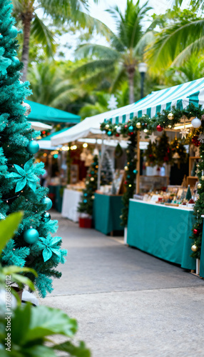 Christmas market festivities tropical location outdoor event lush environment vibrant viewpoint