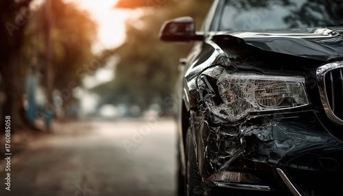 Accident On The Road Causes Damage To Front Of Black Car - Front Of Vehicle Sustains Damage In Collision On Roadway.