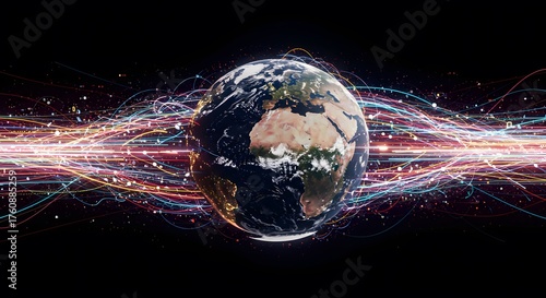 Global Digital Connection: Earth Surrounded by Streams of Data and Light Trails
