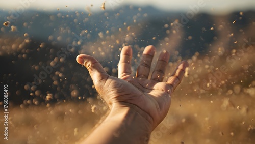 Hand releasing dust particles into the air with a blurred background and warm lighting