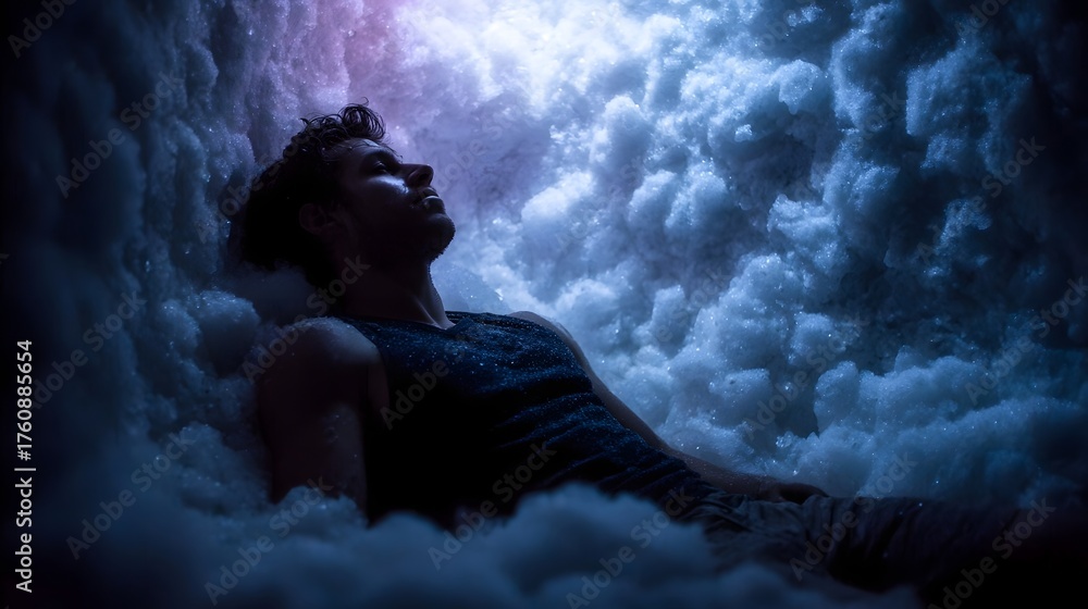 Fototapeta premium Man peacefully resting in a surreal soft glowing environment of white foam illuminated by vibrant colors