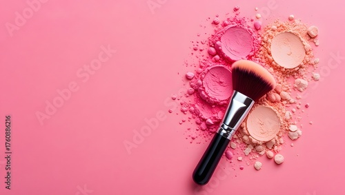 Makeup brush with pink powder on a pink background creating a beautiful aesthetic look and feel