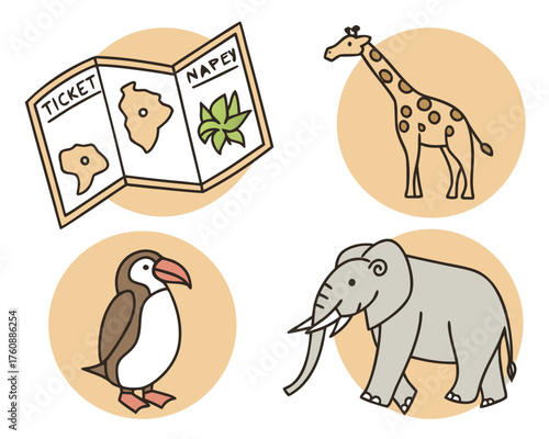 Zoo animals and ticket icons in cartoon style