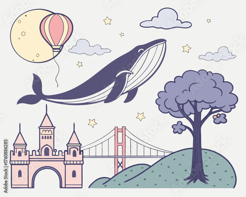 Whale flying over the bridge with a hot air balloon and a castle