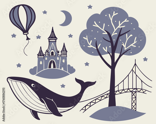 Whale and castle with balloon, bridge and tree under the moonlight sky